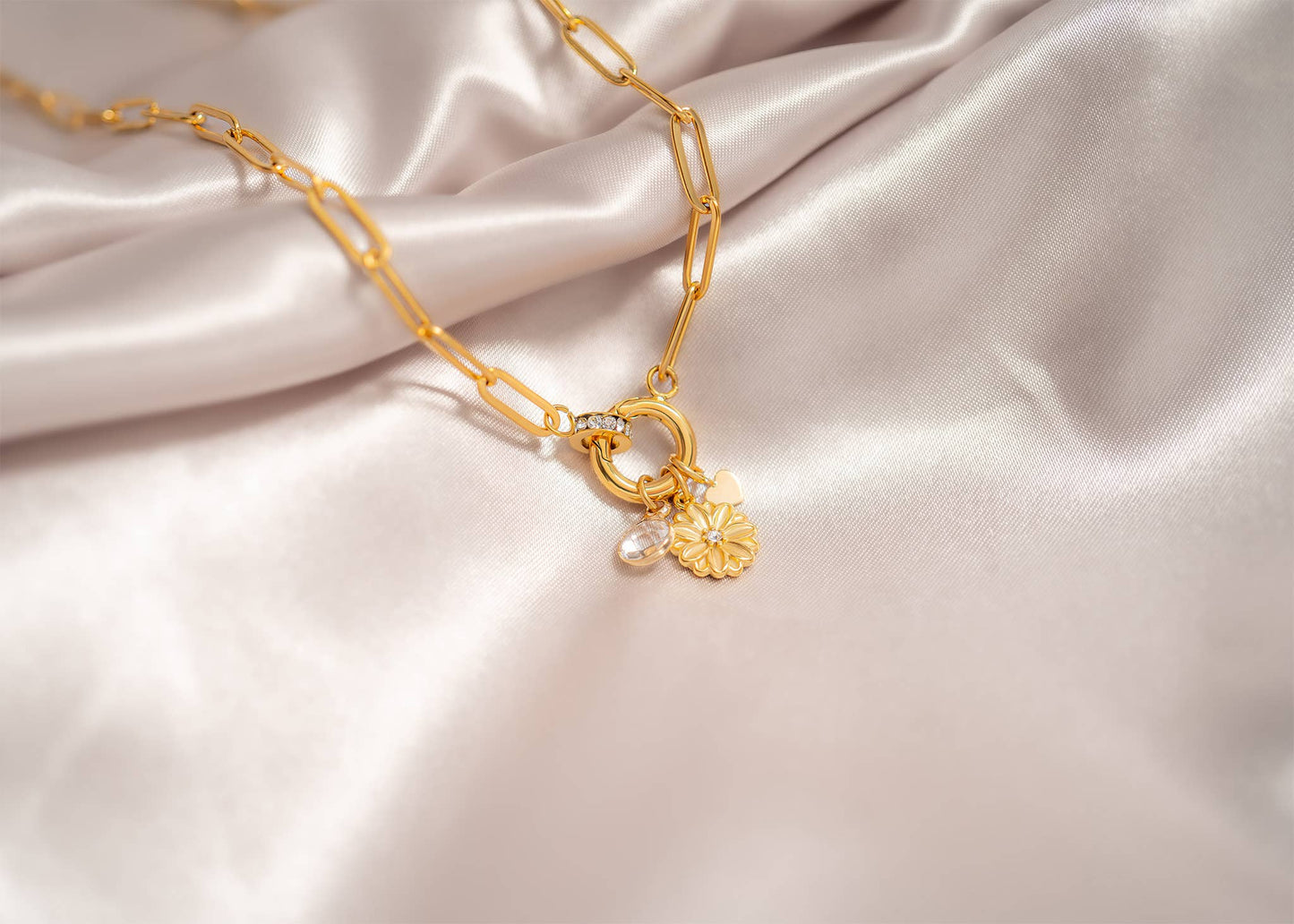 18K Gold PVD Paperclip Rhinestone Charm Holder Necklace: Gold
