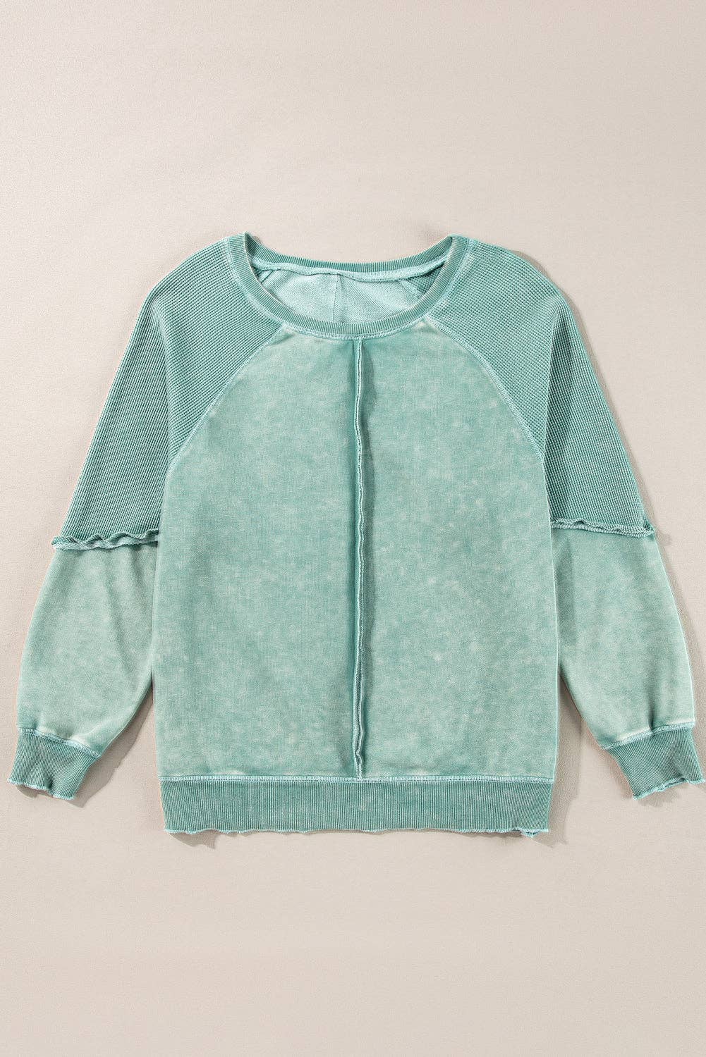 Solid Waffle Knit Patchwork Raglan Sleeve Sweatshirt
