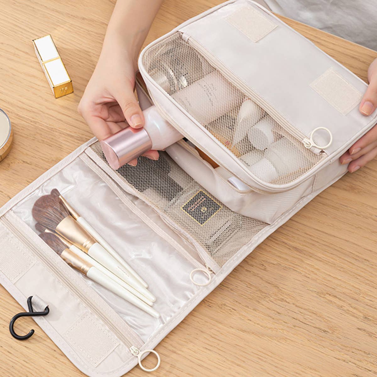 Beige Makeup Storage Bag For Travel