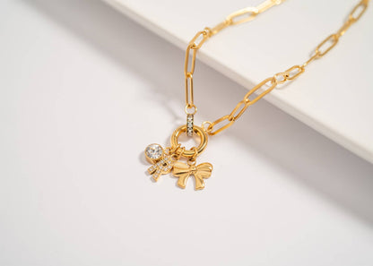 18K Gold PVD Paperclip Rhinestone Charm Holder Necklace: Gold
