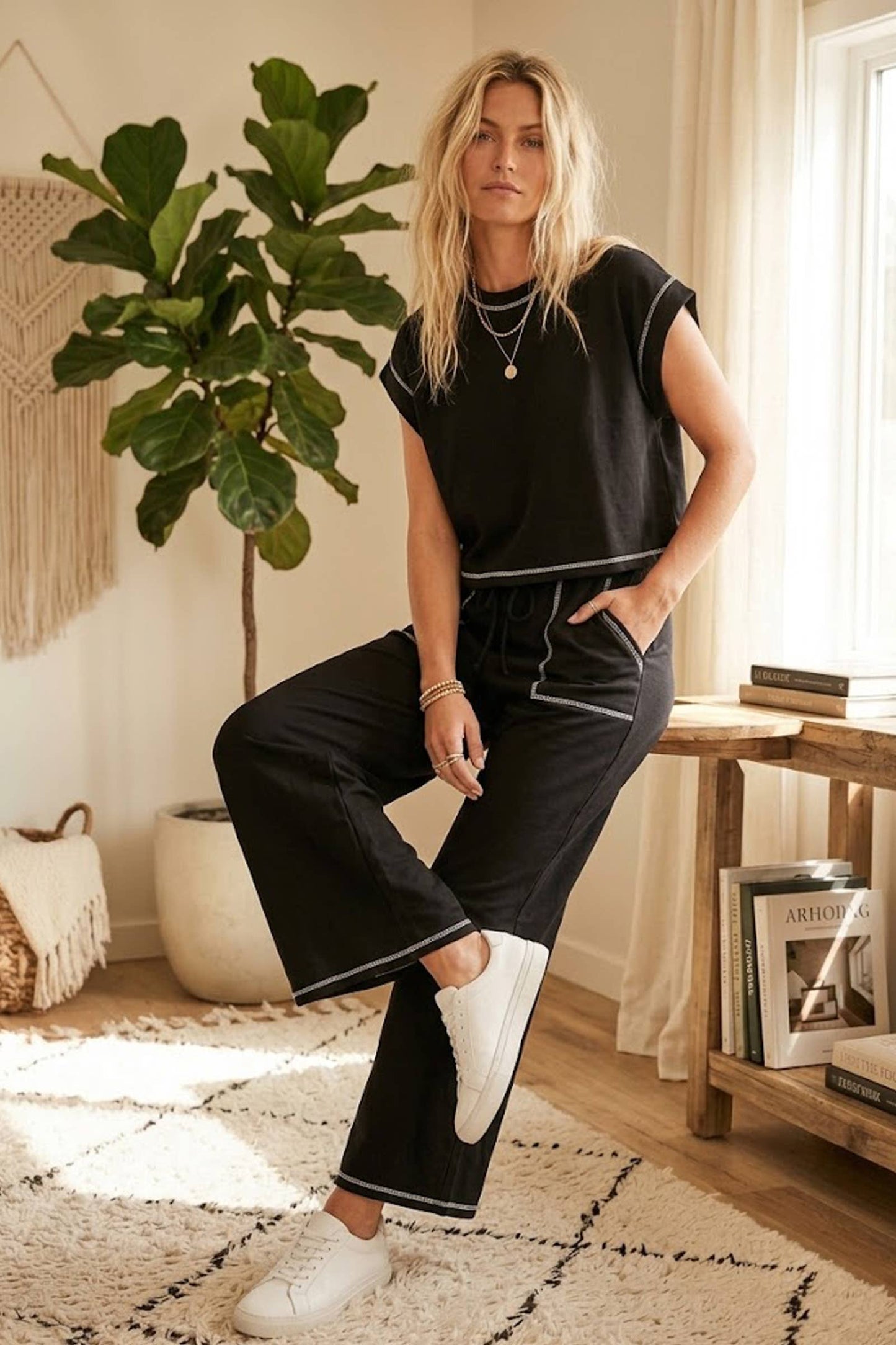 Scuba Contrast Stitch Lounge Set: BLACK