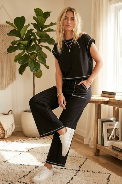 Scuba Contrast Stitch Lounge Set: BLACK