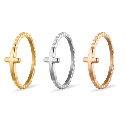 Stainless Steel Beaded Stackable Cross Ring: Gold / 7