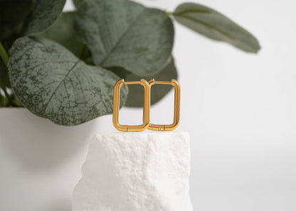 18K Gold PVD Rounded Rectangle Everyday Huggie Earrings: Stainless
