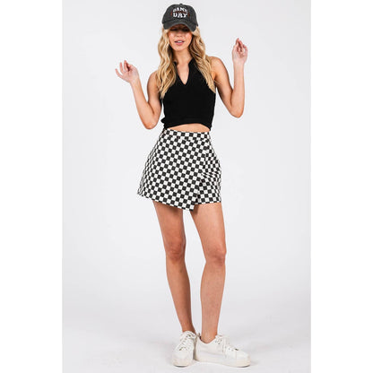 GAME DAY CHECKERED OVERLAY WRAP FRONT MINI SKORT: BLACK / S-M-L(2-2-2)