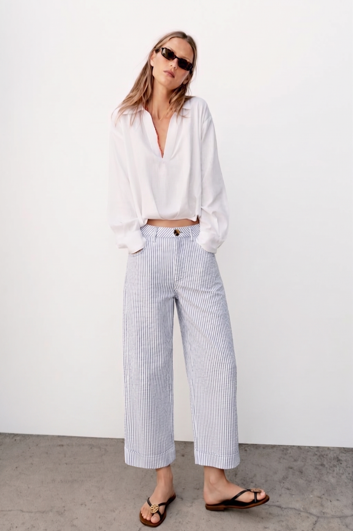 Barrel Leg Stripe High Waist Casual Pants: White