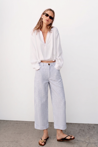Barrel Leg Stripe High Waist Casual Pants: White