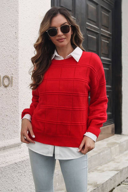 Crew Neck Long Sleeve Pullover Sweater: Red