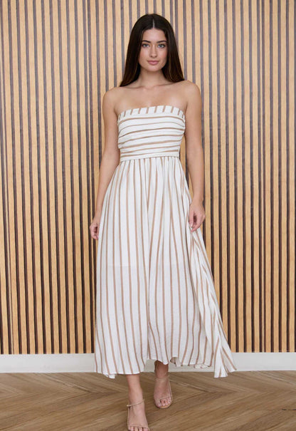 STRIPE PLEATED STRAPLESS LINEN MIDI DRESS