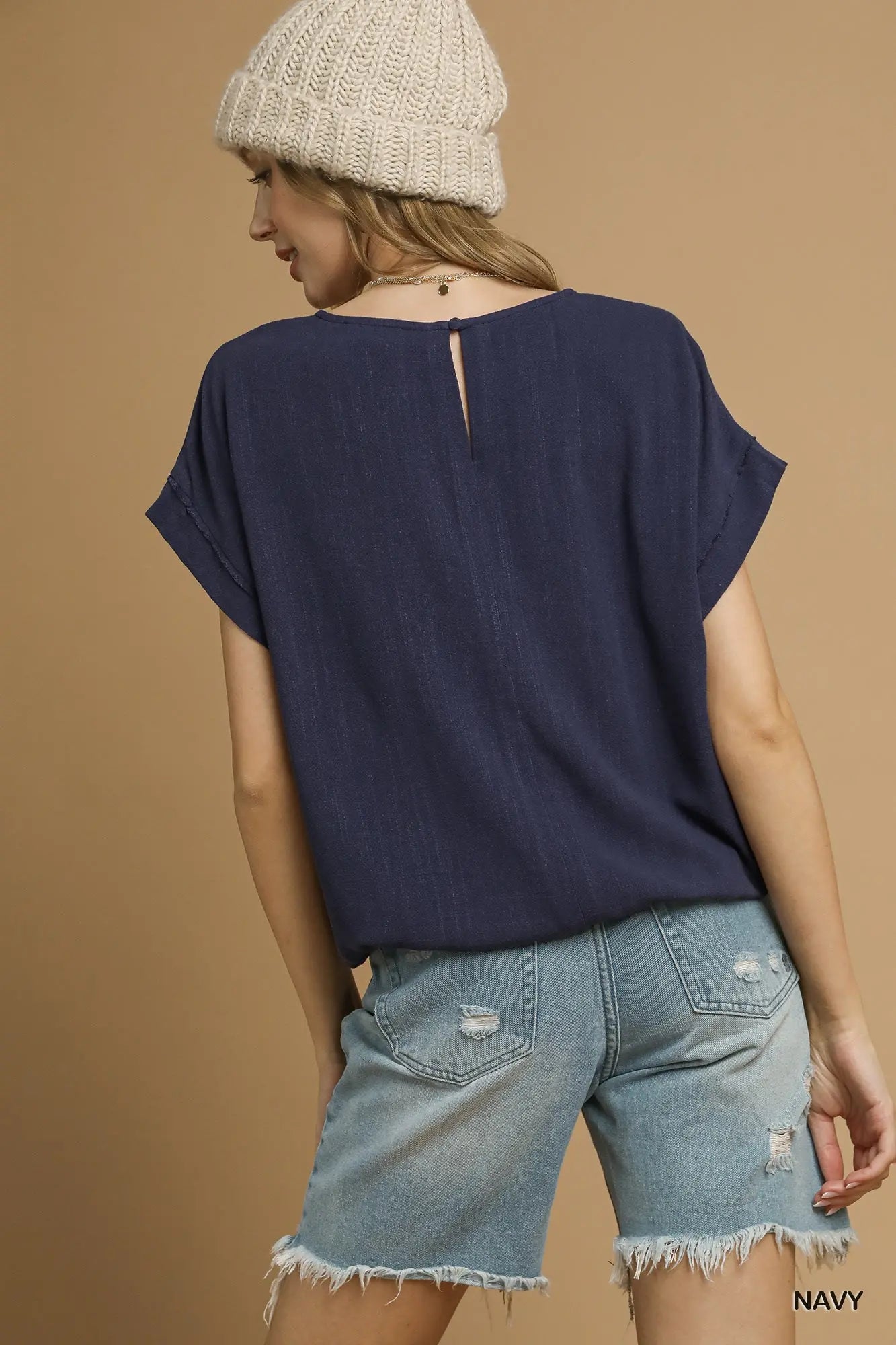 Navy Drawstring Linen Blend Top
