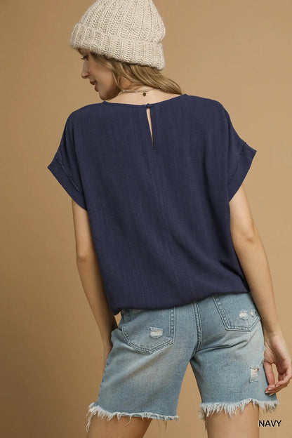 Navy Drawstring Linen Blend Top