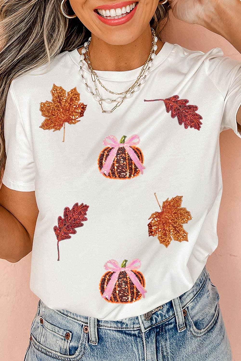 Sequined Pumpkin Leaves Fall Graphic T Shirt