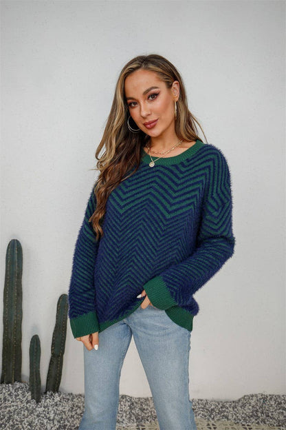 Long Sleeve Striped Pullover Sweater: NAVY