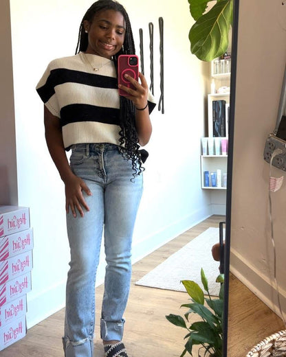 Striped Print Knit Top with U-neck