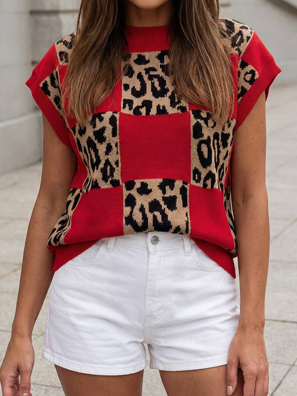 Red Leopard Checkerboard Short Sleeve Knit Sweater