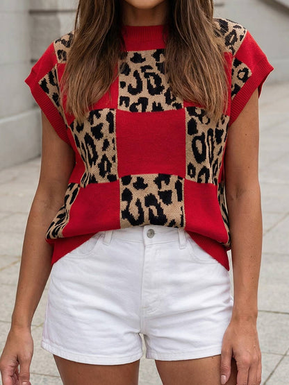 Red Leopard Checkerboard Short Sleeve Knit Sweater