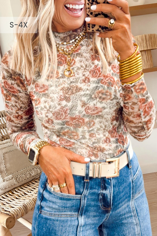 66Retro Floral Print Mesh Long Sleeve Top