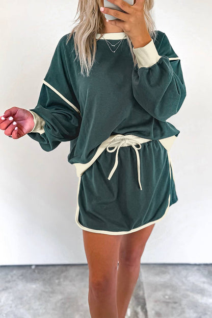 Color Contrast Loose Pullover and Lace-up Waist Skort Set: Evergreen