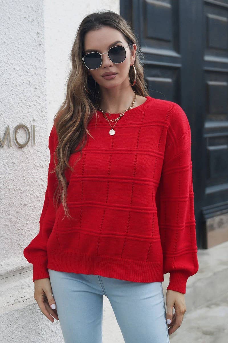 Crew Neck Long Sleeve Pullover Sweater: Red