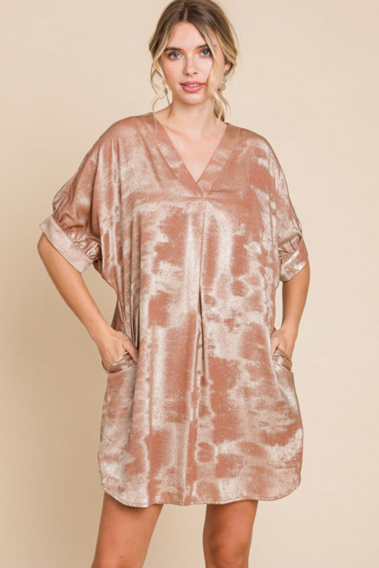 Metallic Caramel Dress w/ V-Neck