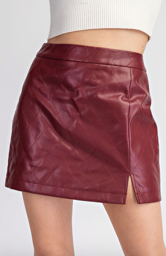 Maroon Quilted Pleather Mini Skirt