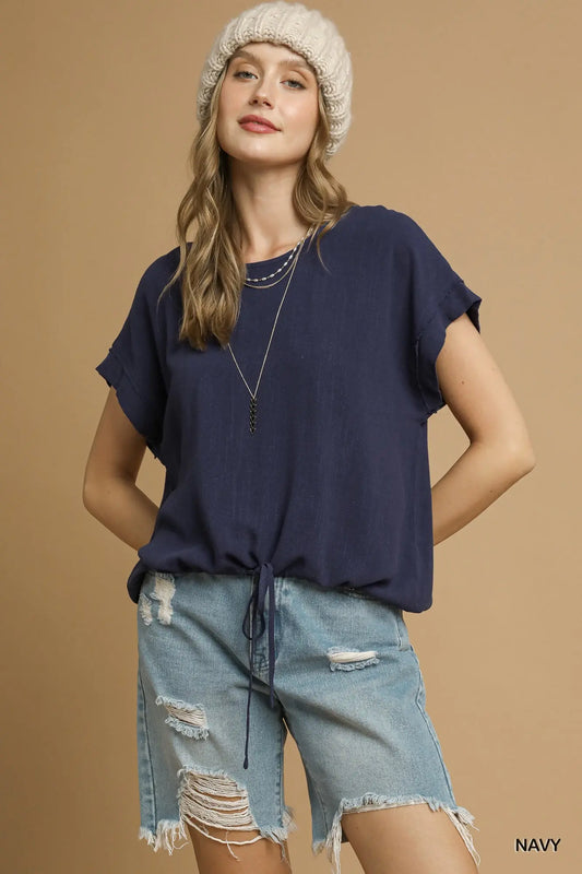 Navy Drawstring Linen Blend Top