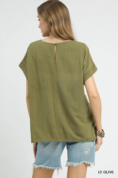 Lt. Olive Drawstring Linen Blend Top