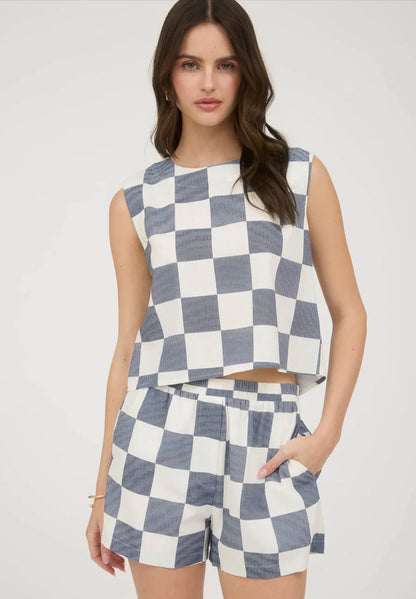 CHECKERED SLEEVELESS LINEN CROP TOP