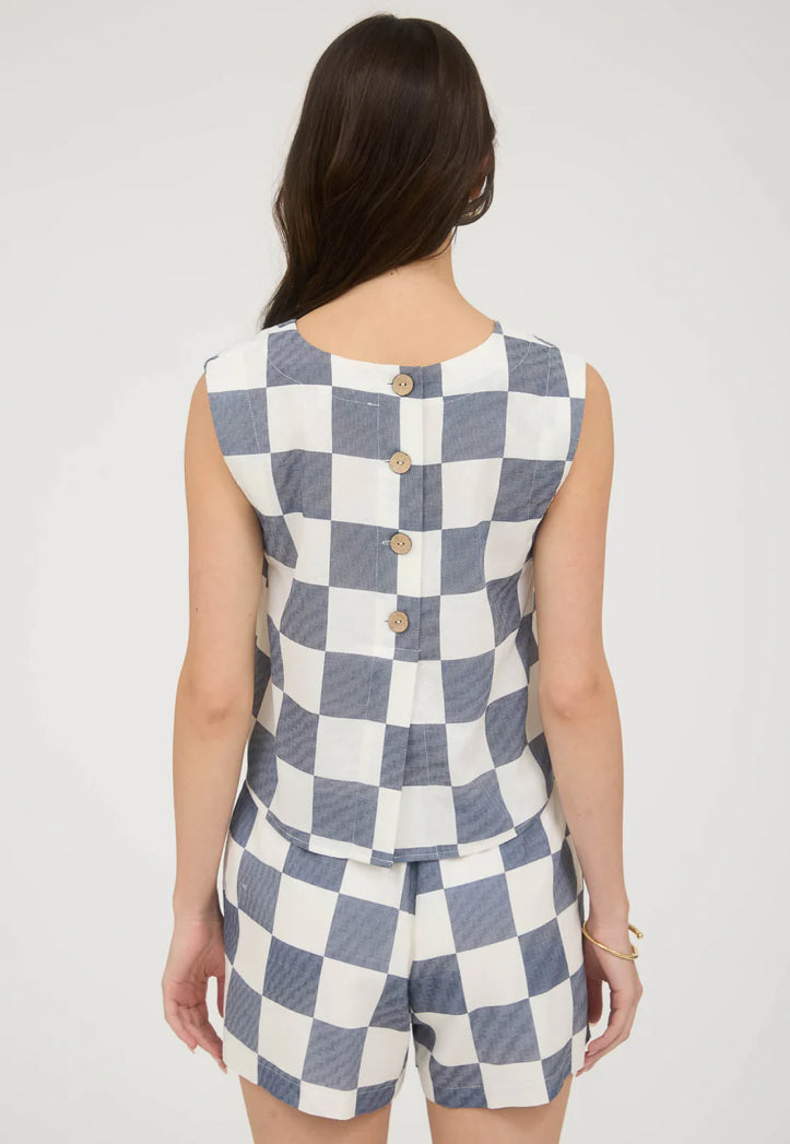 CHECKERED SLEEVELESS LINEN CROP TOP