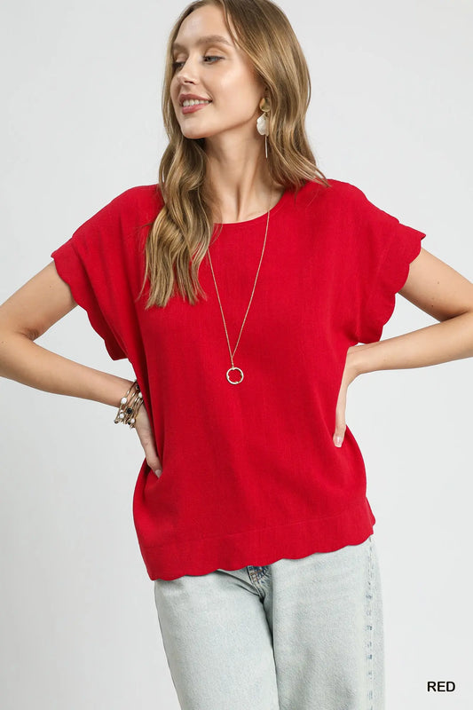 Scallop Hem Linen Blend Top