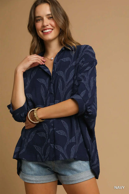 Jacquard Textured Leaf Button-Down Blouse