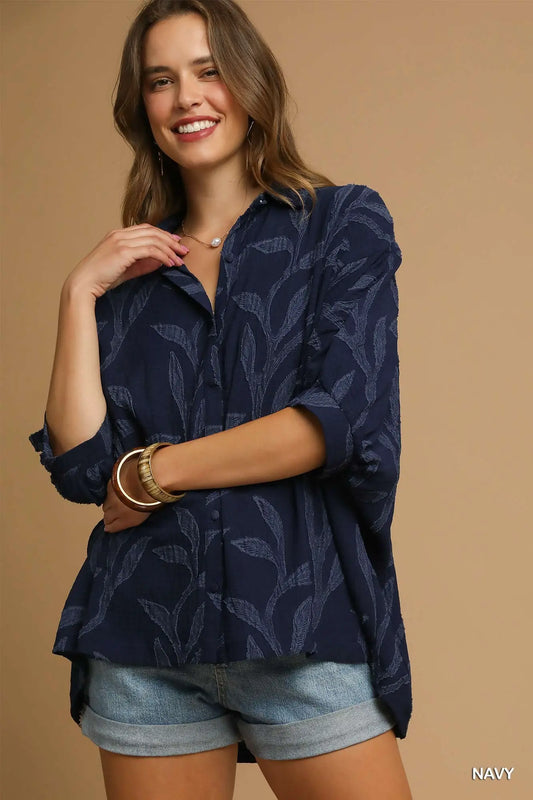 Jacquard Textured Leaf Button-Down Blouse