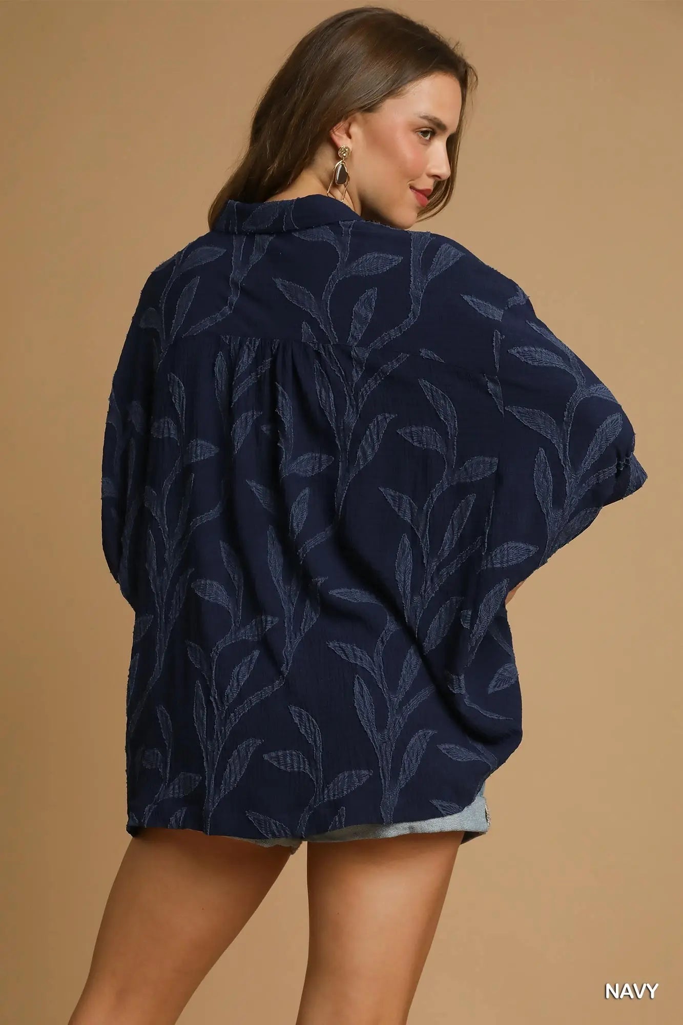 Jacquard Textured Leaf Button-Down Blouse