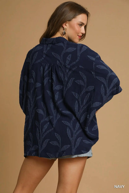 Jacquard Textured Leaf Button-Down Blouse