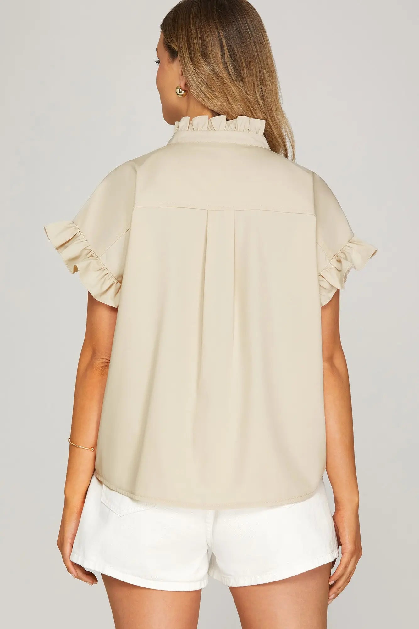 Taupe Ruffle Button Down Blouse