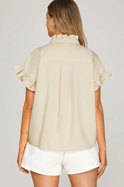 Taupe Ruffle Button Down Blouse