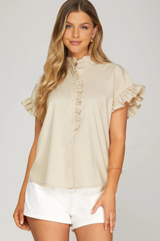 Taupe Ruffle Button Down Blouse
