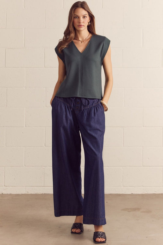 V-Neck Solid Cap Sleeve Top