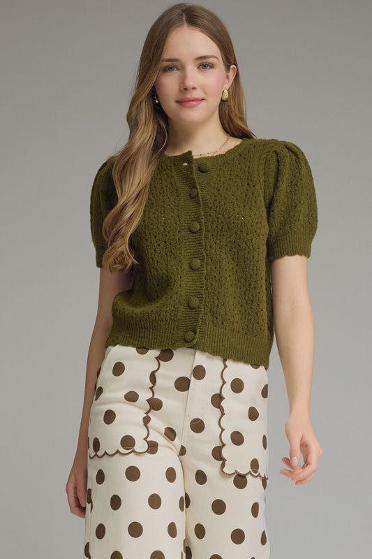 Olive Knit Short Sleeve Button Down Sweater