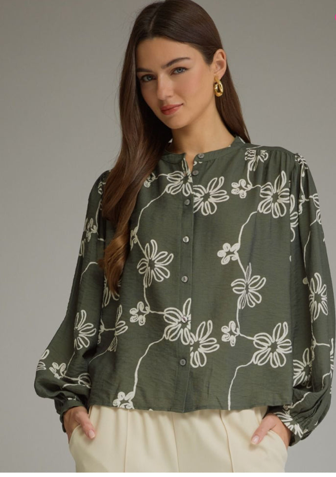 Olive Patterned Button Down Mid-Sleeve Top
