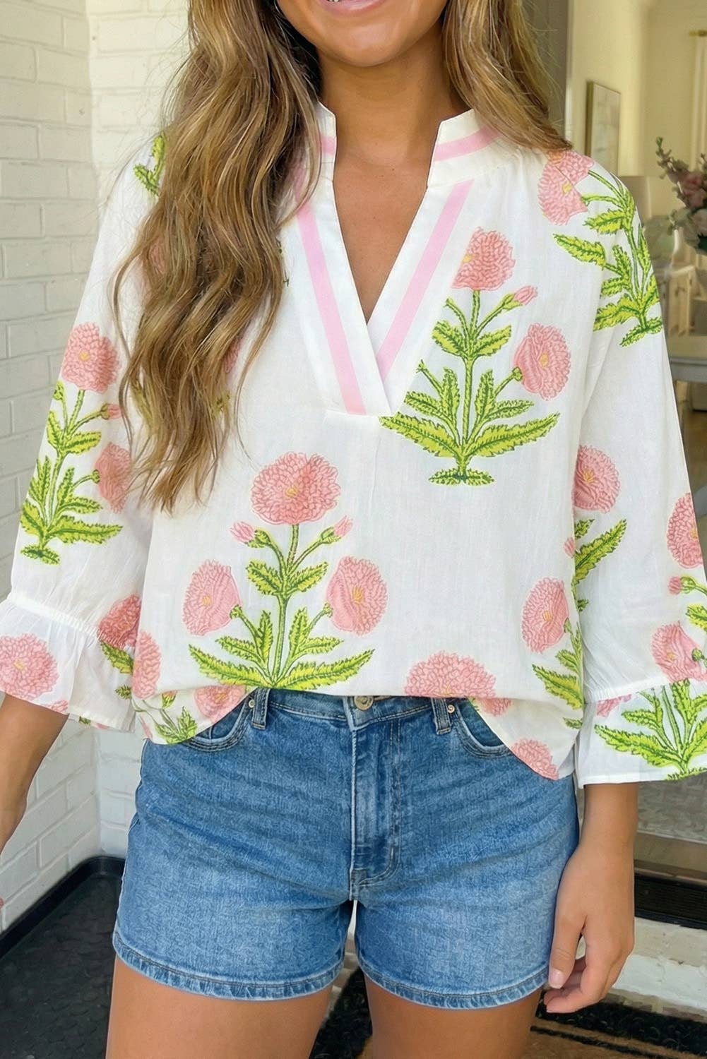 Wild Flower Print V Neck 3/4 Sleeve Blouse