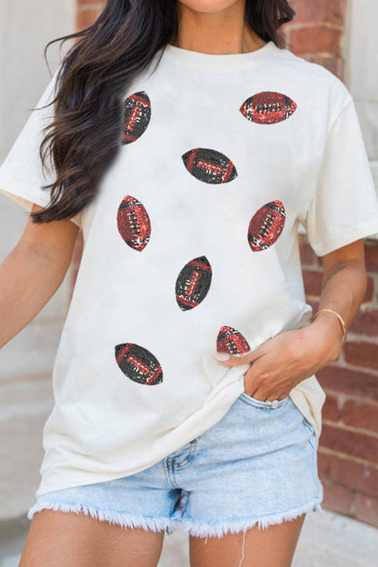 Sequin Football Pattern Round Neck Casual T Shirt