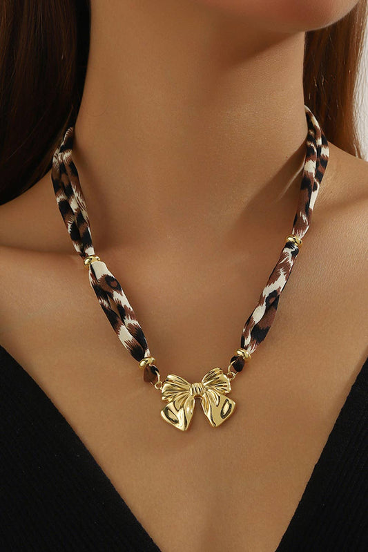 LDC Plated Bow Charm Leopard Ribbon Necklace: Gold / ONE SIZE