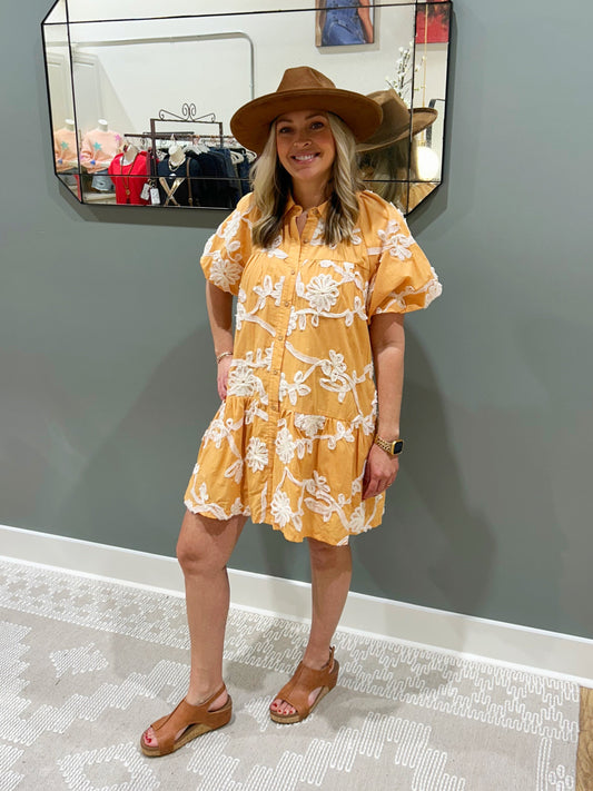 Floral Appliqué Button Mini Dress