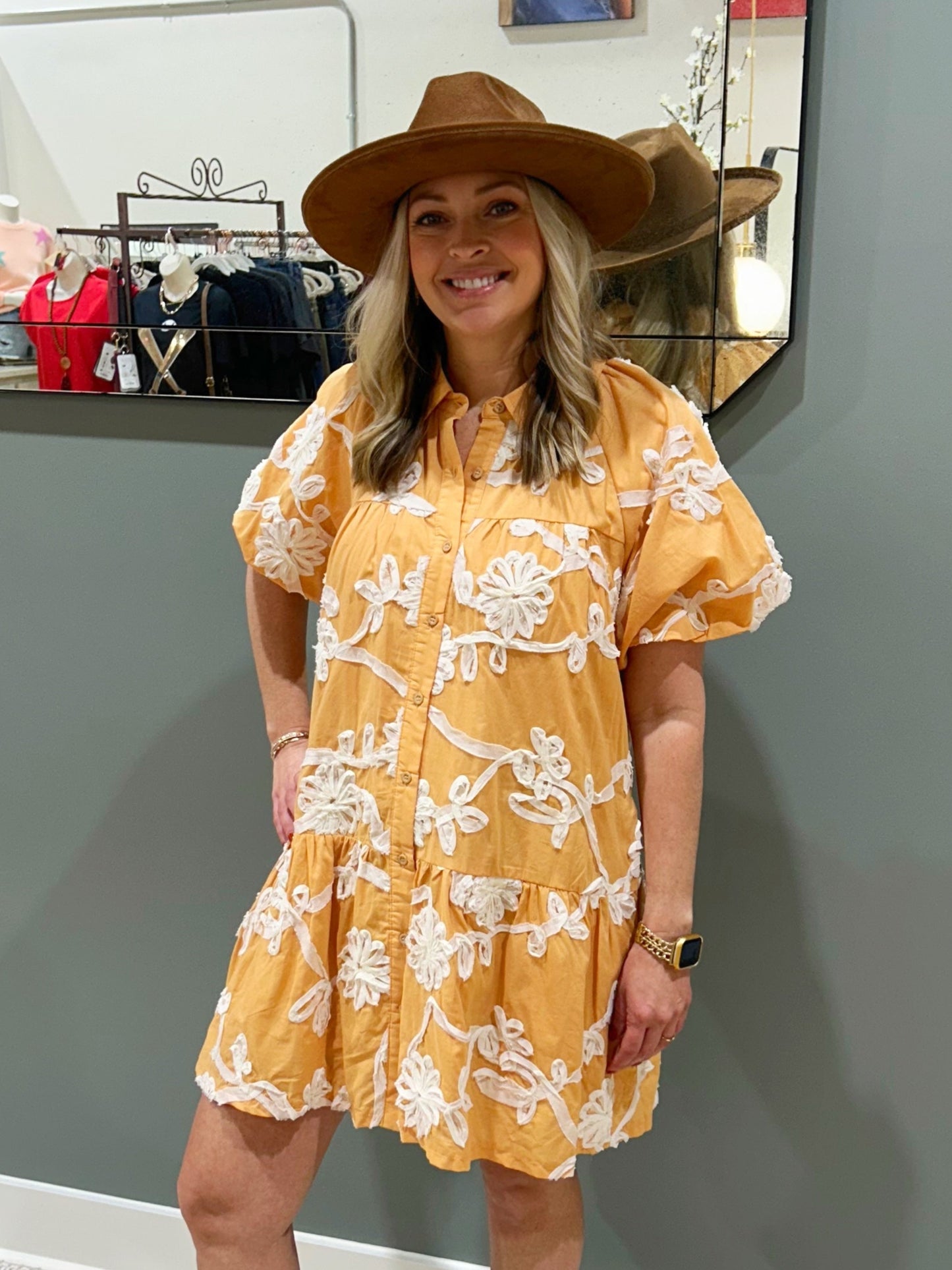 Floral Appliqué Button Mini Dress