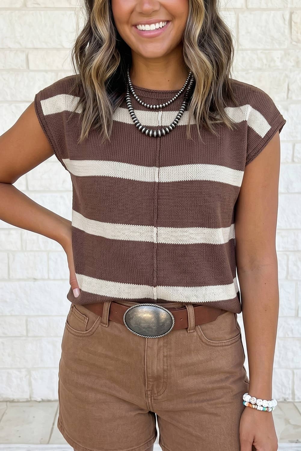Brown Striped Short Sleeve Knit Western Sweater