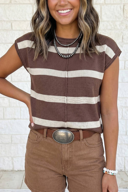 Brown Striped Short Sleeve Knit Western Sweater