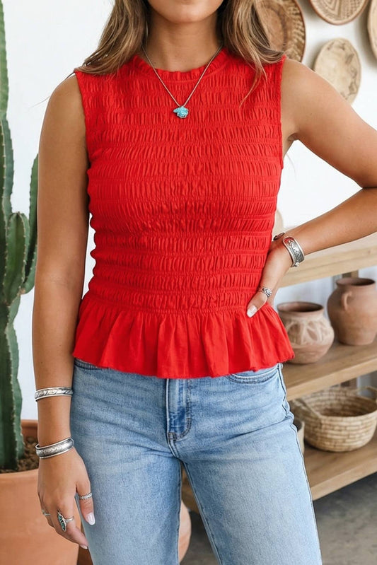 Red Solid Round Neck Shirred Sleeveless Tank Top