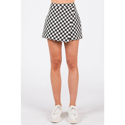 GAME DAY CHECKERED OVERLAY WRAP FRONT MINI SKORT: BLACK / S-M-L(2-2-2)