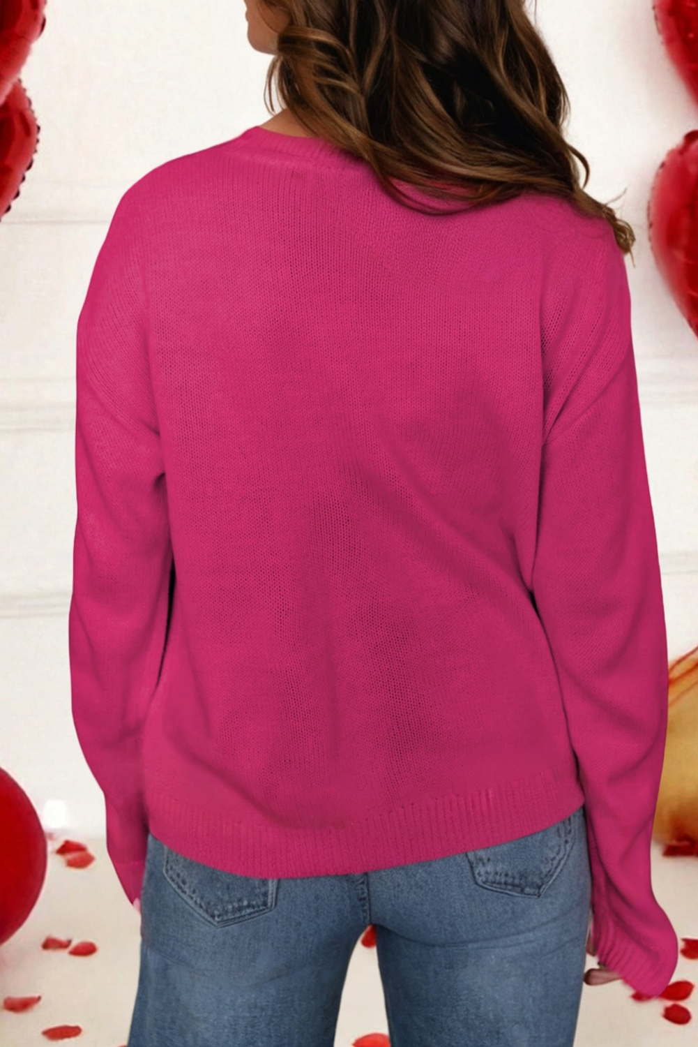 Valentine's Day Sequined Bow Graphic Holiday Sweater: Rose Red